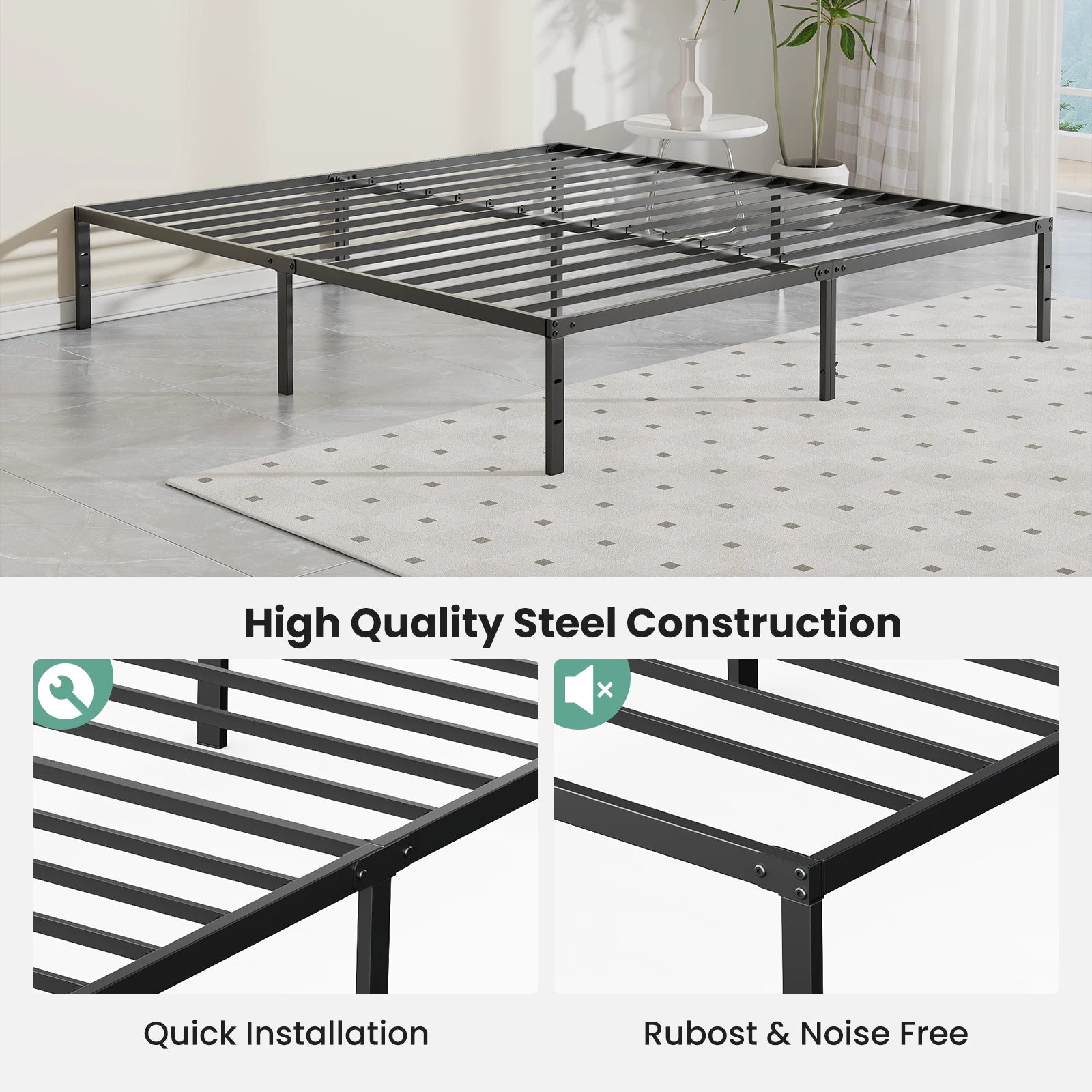 Metal Platform 16IN Tall Basic Bed Frame Sturdy Steel Heavy Duty with Storage Space