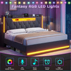 LED King Bed Frame with Storage, Charging Station & Headboard - Dark Gray Linen Upholstered Metal Frame