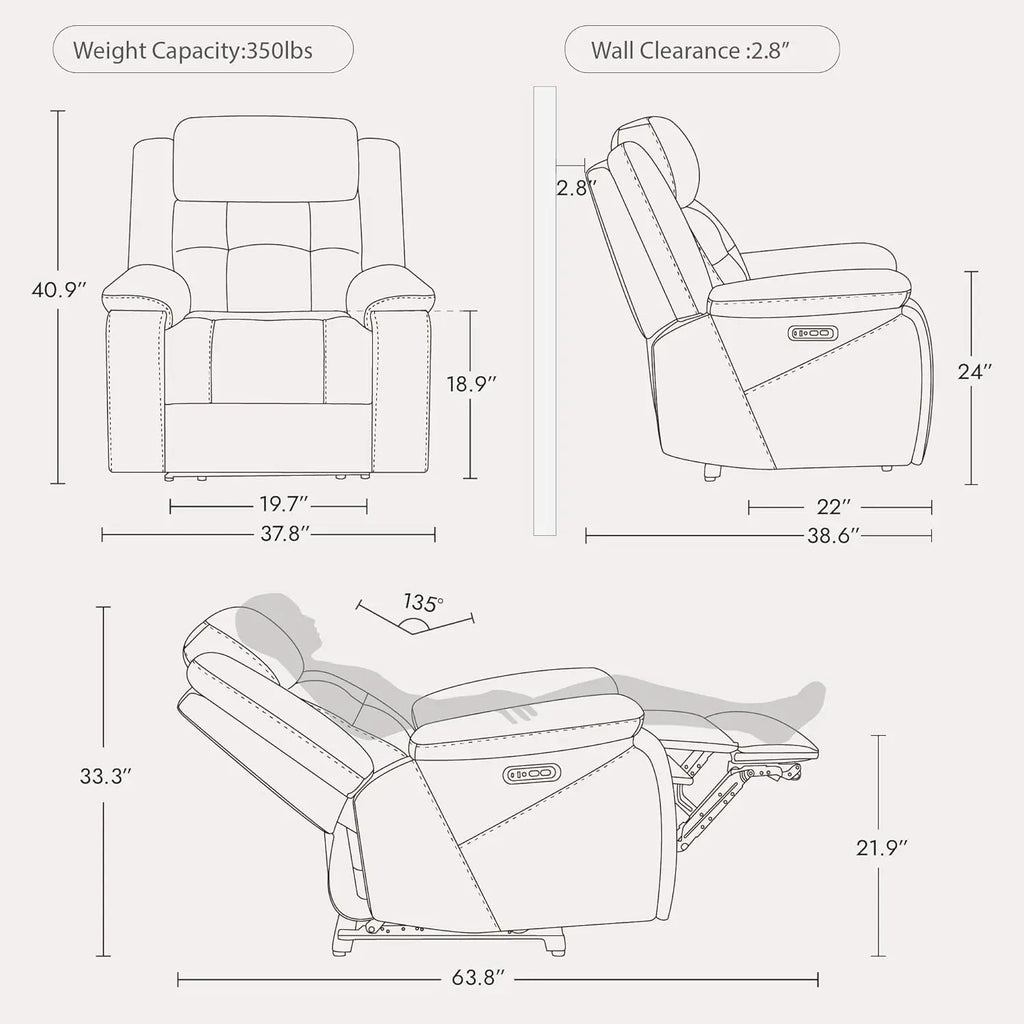 Genuine Leather Power Recliner Chair for Adults, Wall Hugger Recliner with Power Headrest