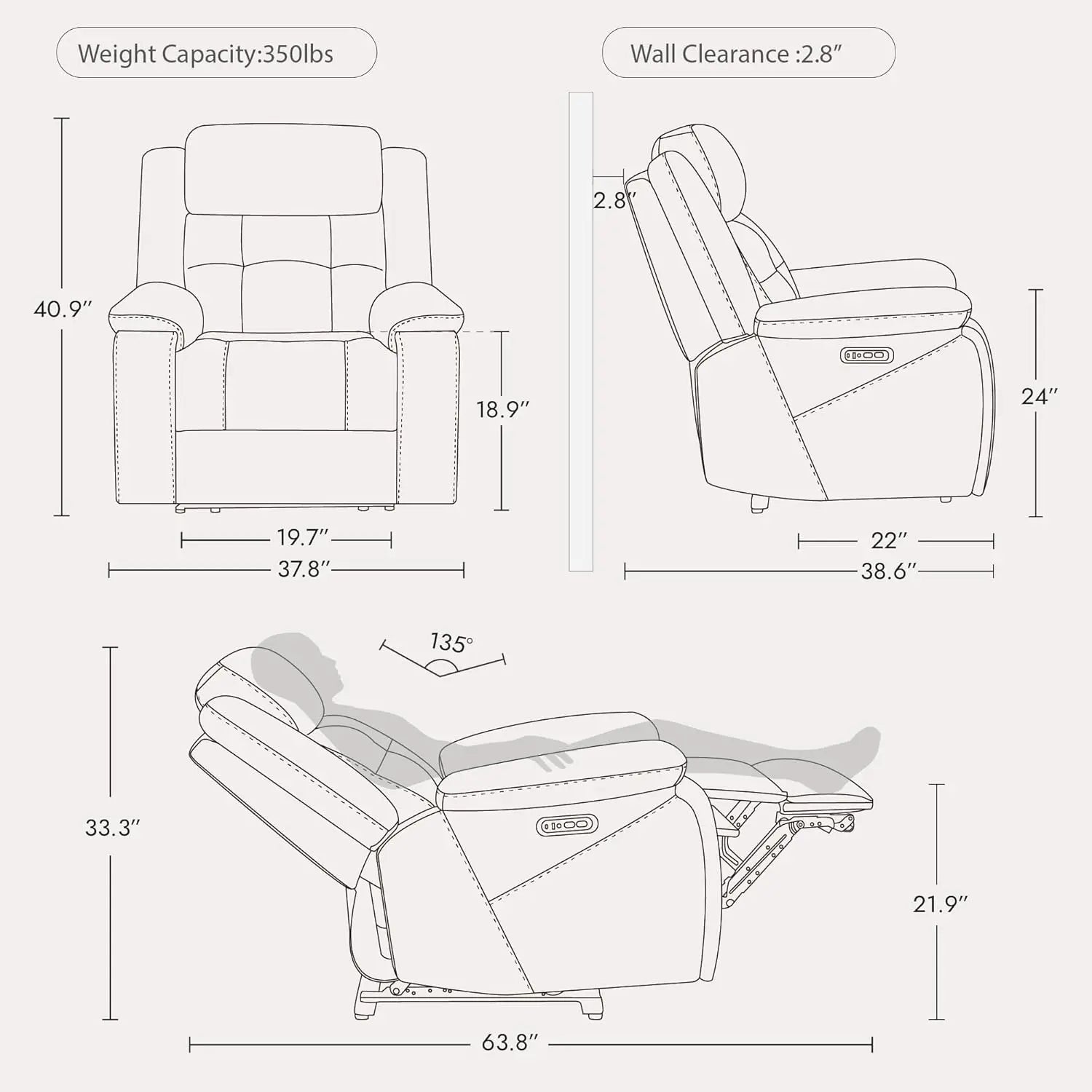 Genuine Leather Power Recliner Chair for Adults, Wall Hugger Recliner with Power Headrest