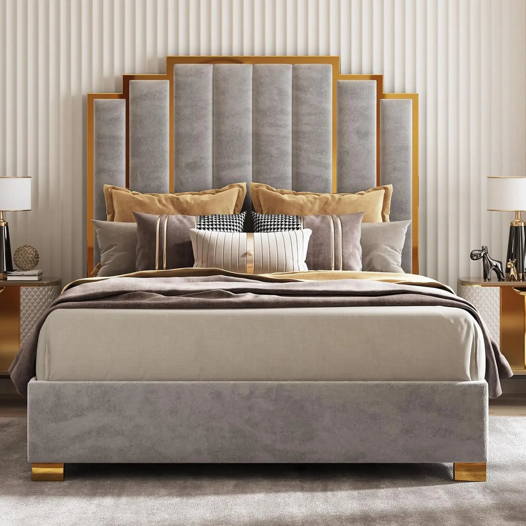 Queen Upholstered Velvet Platform Bed with Gold Trim Headboard