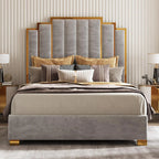 Queen Upholstered Velvet Platform Bed with Gold Trim Headboard