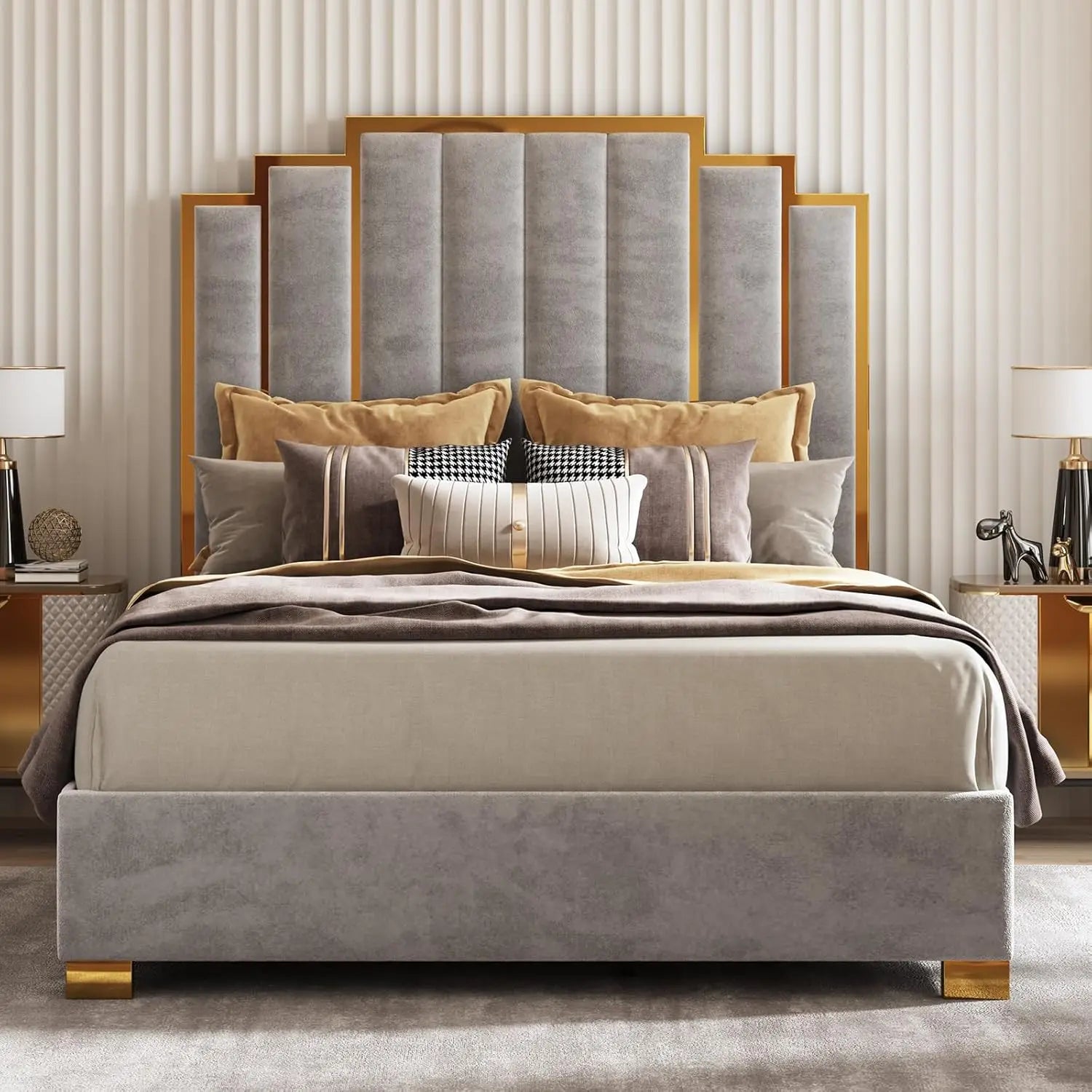 Queen Upholstered Velvet Platform Bed with Gold Trim Headboard