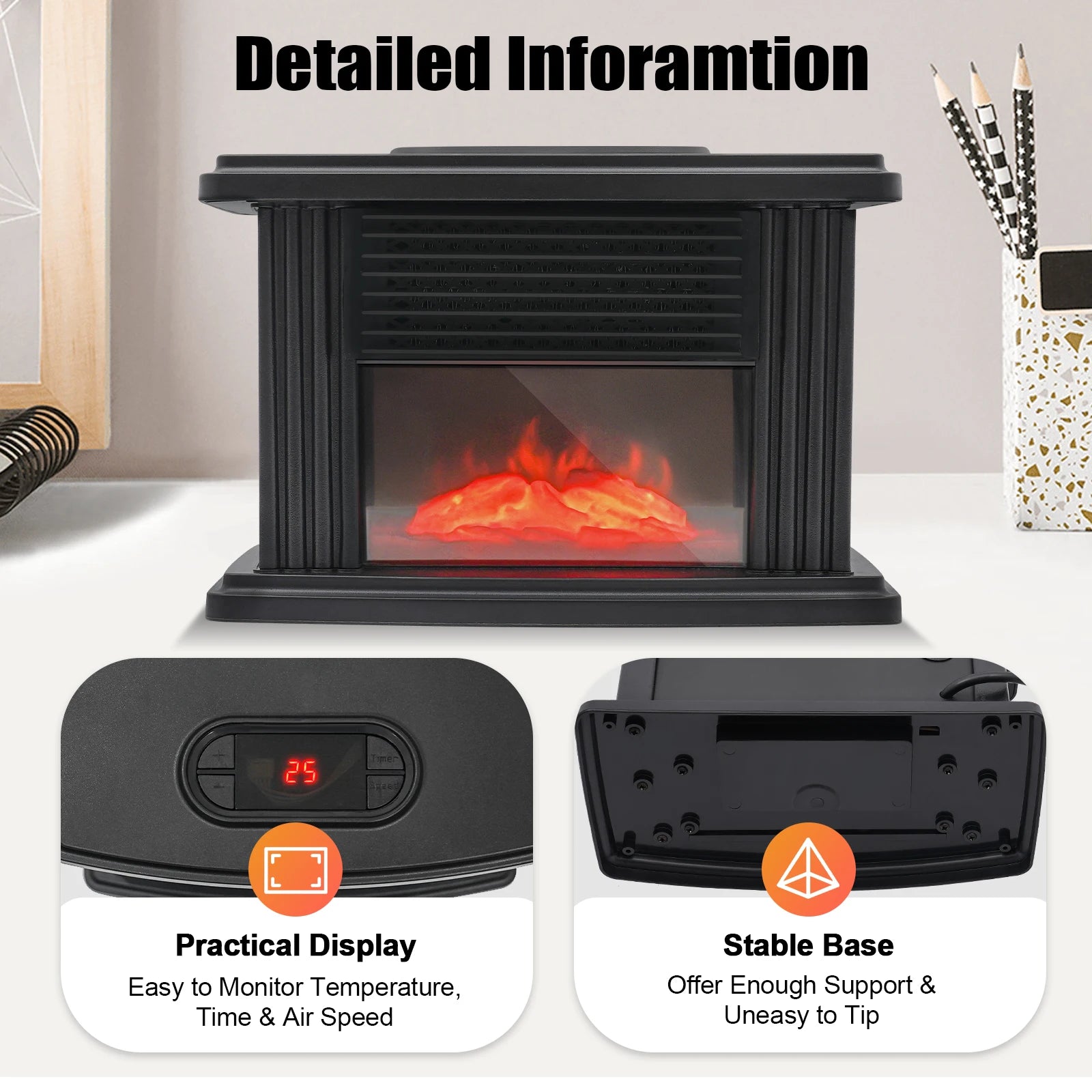 1000w Electric Fireplace 3D Carbon Fire Air Heater Mini ABS Warmer Fan Radiator Warm Blower for Apartment RV Bedroom