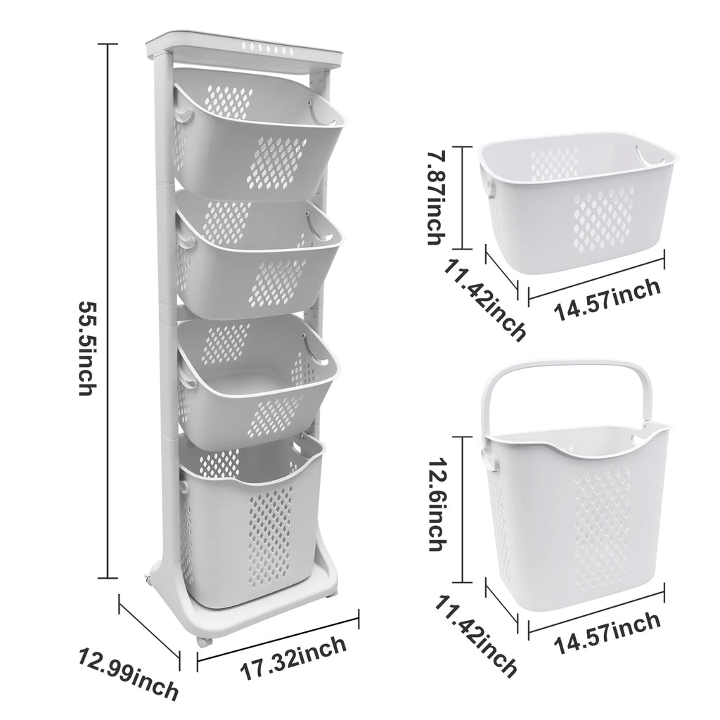 2/4 Tier Laundry Basket Rolling Cart Removable Storage Buckets
