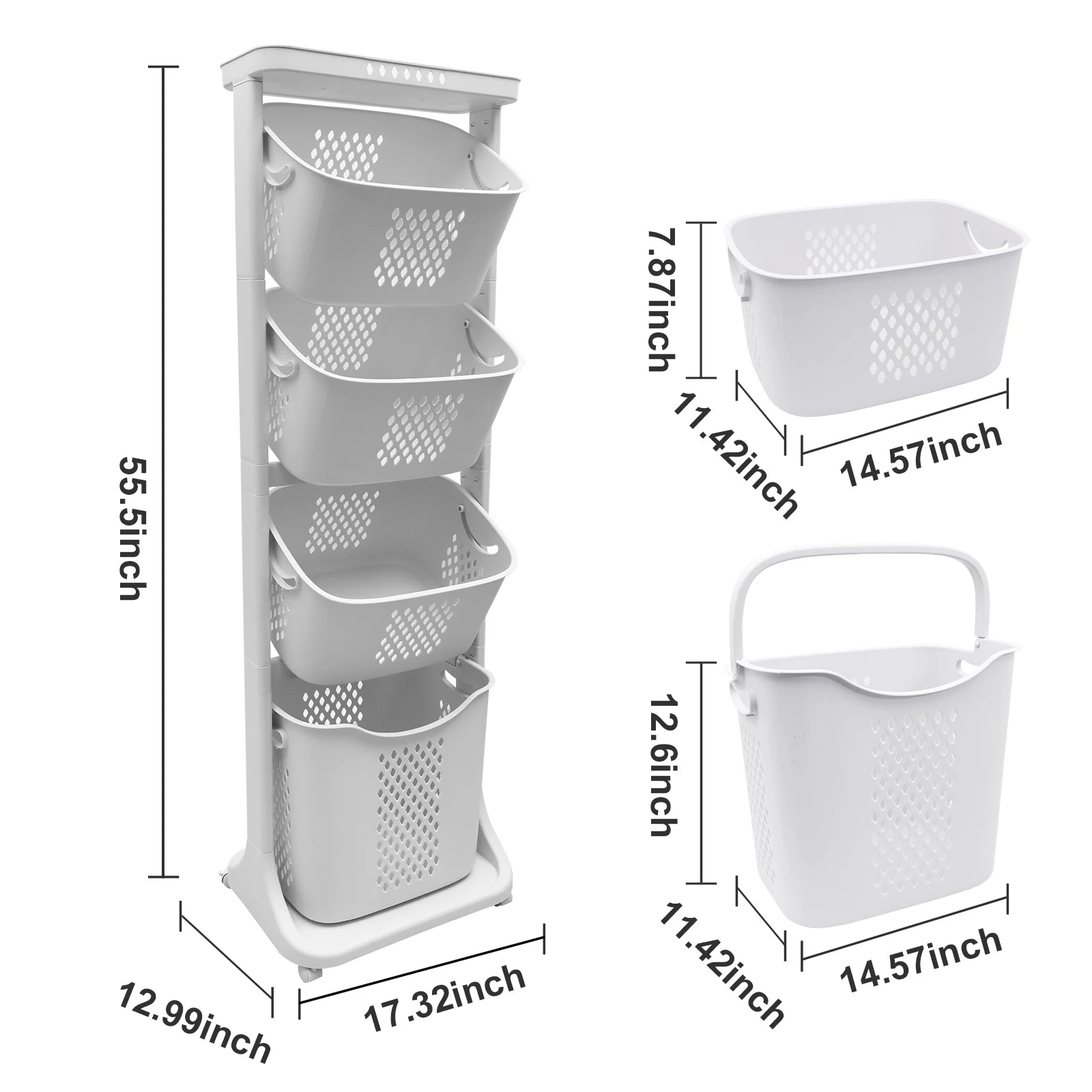 2/4 Tier Laundry Basket Rolling Cart Removable Storage Buckets