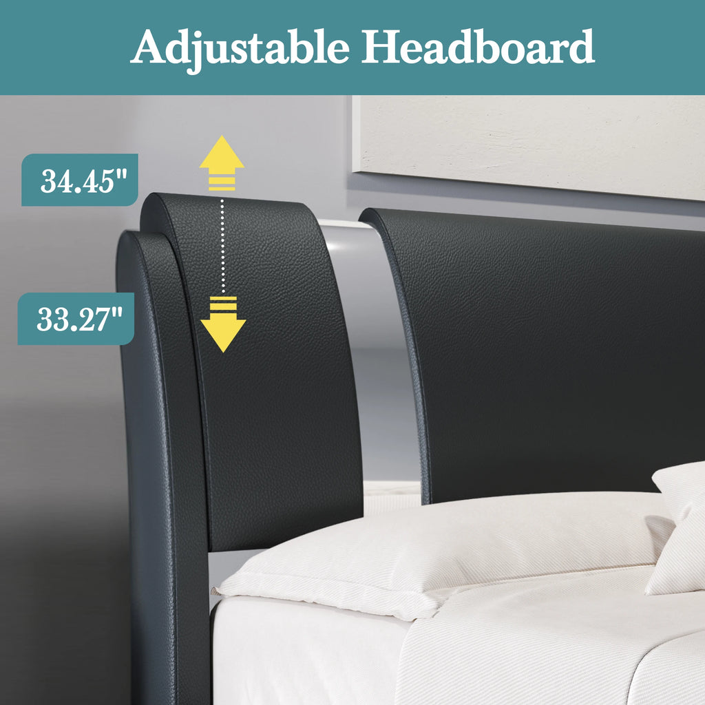 Modern Faux Leather Bed Frame with Iron Pieces Decor, with Height-Adjustable Headboard