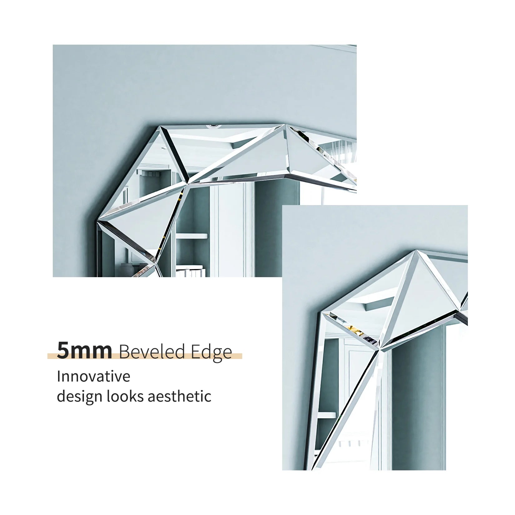 Stylish Irregular Silver Glass Wall Mirror with Beveled Diamond Edge Accents