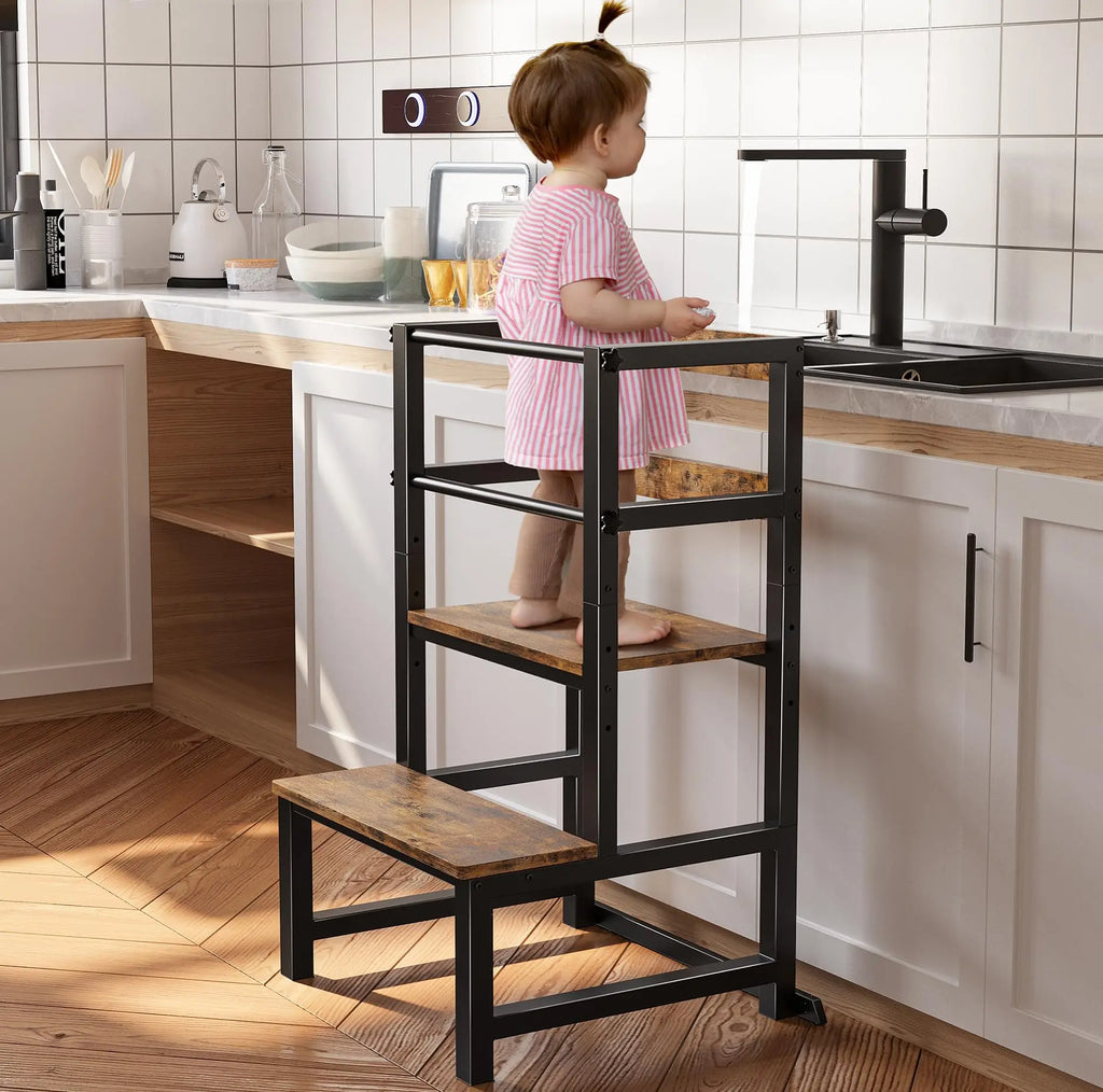 Step Stool, Adjustable Height Learning Tower with Safety Rail