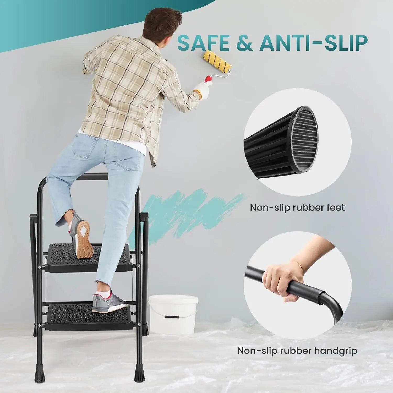 Foldable 2-Step Stool with Anti-Slip Pedal & Handrail, 800lbs Capacity Steel Ladder