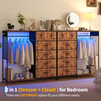 6 Fabric Drawers Hanging Rack Dresser Closet w/LED Lights & Charging Station