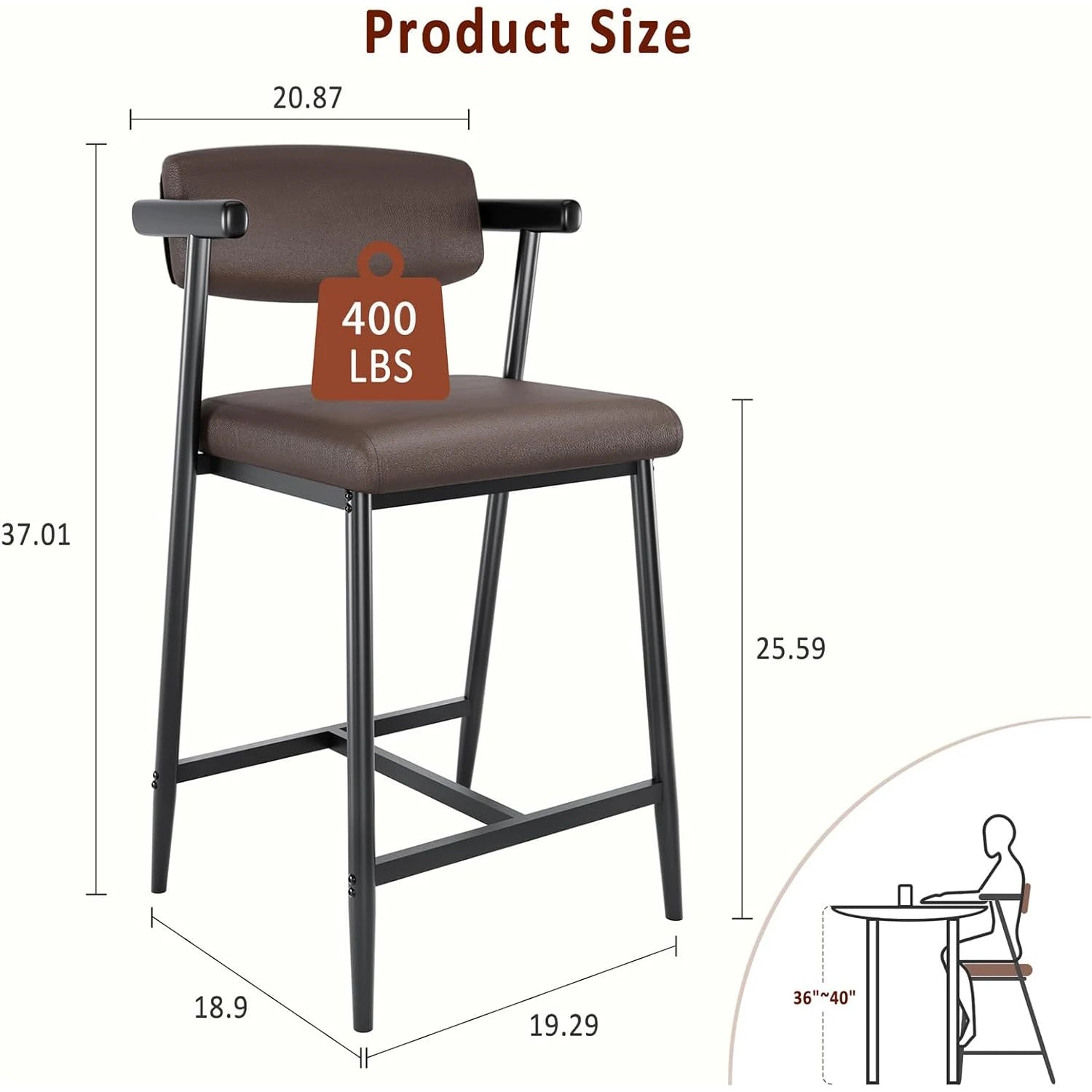 2PCS Counter Height Bar Stools Set with Back & Armrests,Upholsterd