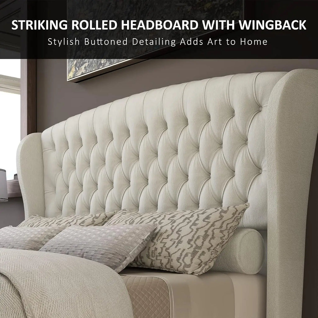 Chenille Upholstered Sleigh Bed with Scroll Wingback Headboard & Footboard/Button,