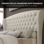 Chenille Upholstered Sleigh Bed with Scroll Wingback Headboard & Footboard/Button,