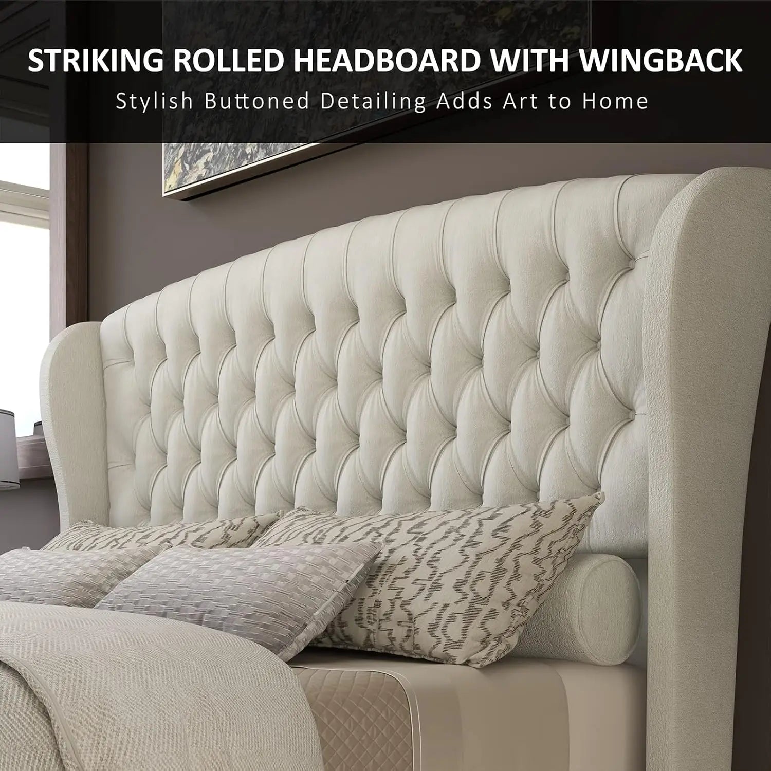 Chenille Upholstered Sleigh Bed with Scroll Wingback Headboard & Footboard/Button,