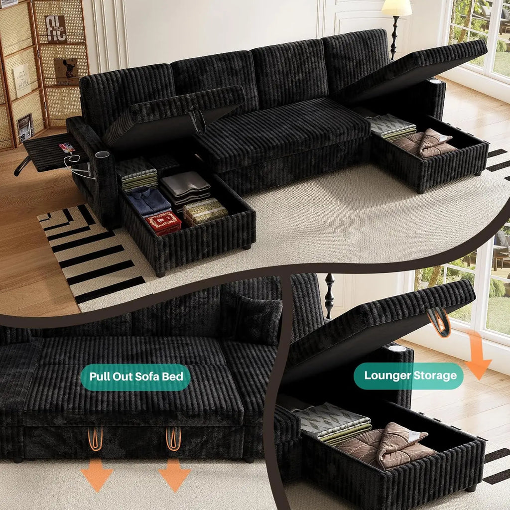 U Shaped Sleeper Sectional Sofa Pull Out Bed Double Storage Chaise USB Small Desktop Living Room 110in Black Customized