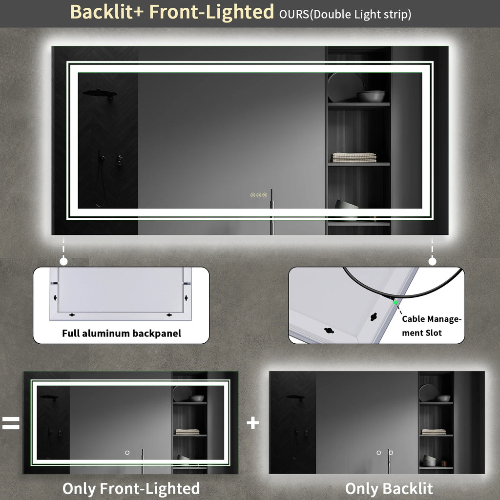 Extra Large Rectangle LED Vanity Dimmable Backlit Anti-Fog Memory with Front and Backlight Shatter-Proof