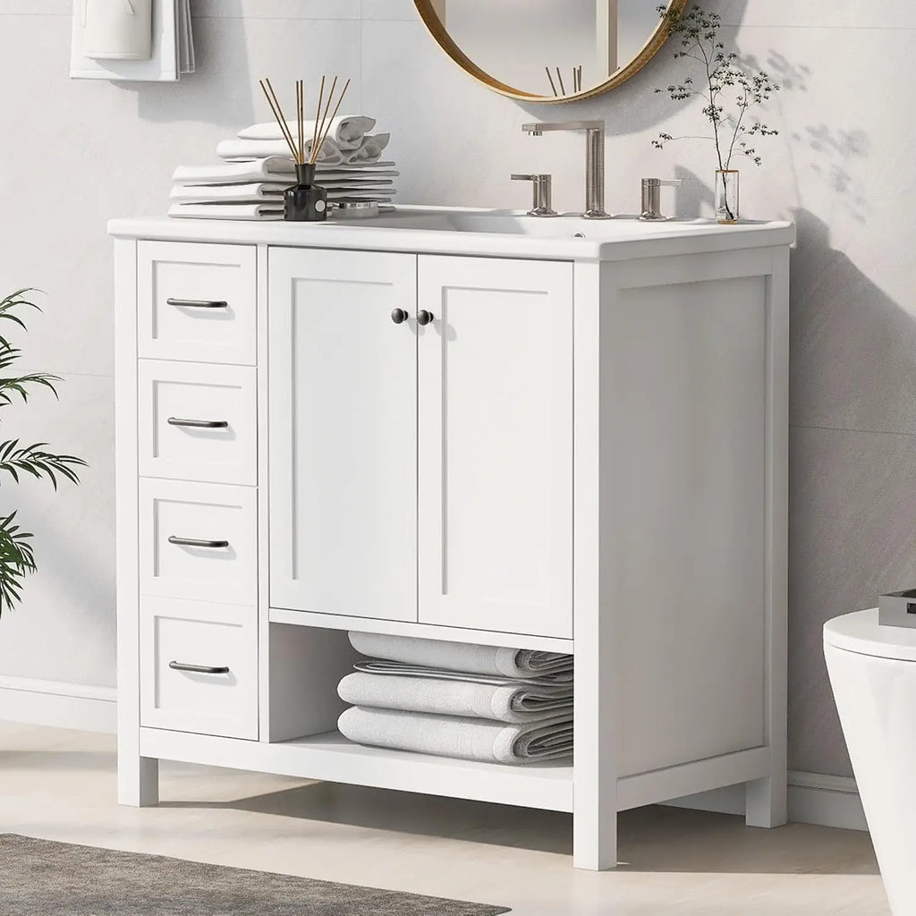 36" Modern Vanity with Ceramic Sink, Soft-Close Drawers & Door,