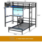 Bunk Bed Twin Over Twin Size with Desk and Charging Station L-Shaped Metal