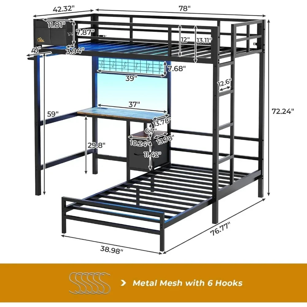 Bunk Bed Twin Over Twin Size with Desk and Charging Station L-Shaped Metal