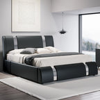 Modern Faux Leather Bed Frame with Iron Pieces Decor, with Height-Adjustable Headboard