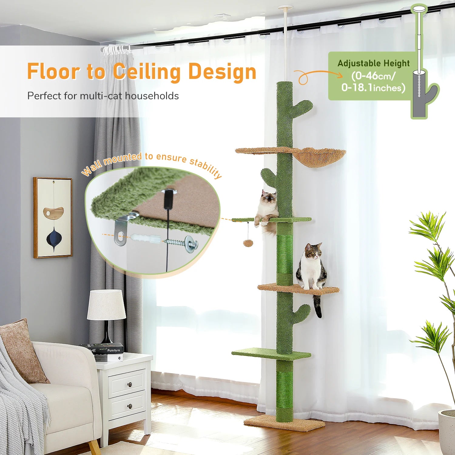 5-Tier Floor to Ceiling Cat Tower Cactus