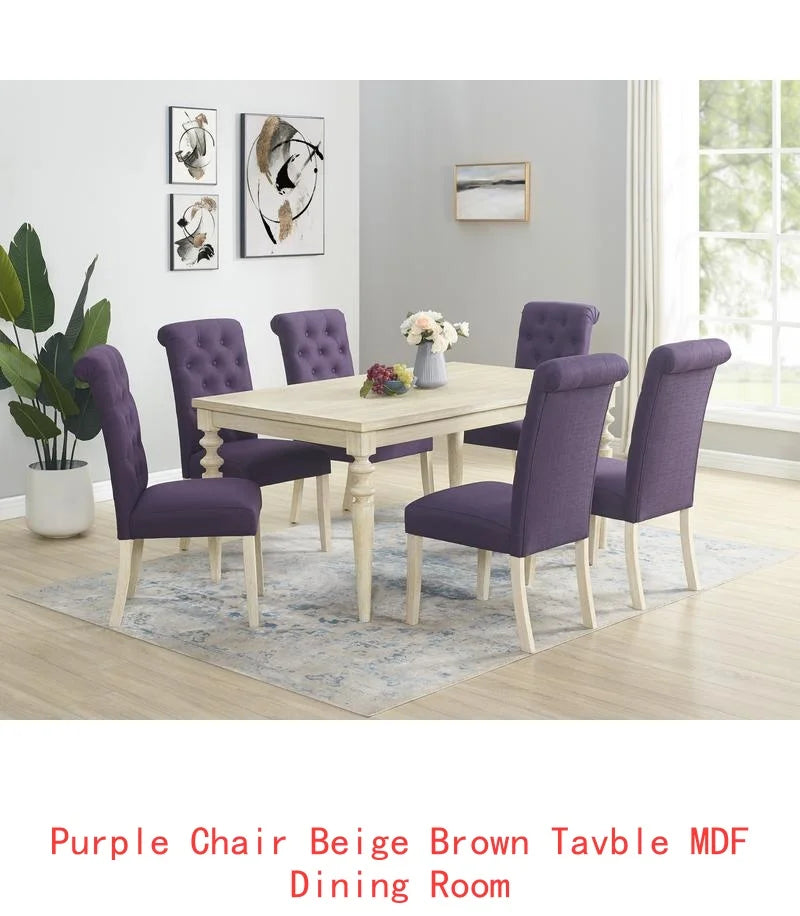 7-Piece Dining Set with Turned-Leg Table and 6 Tufted Chairs