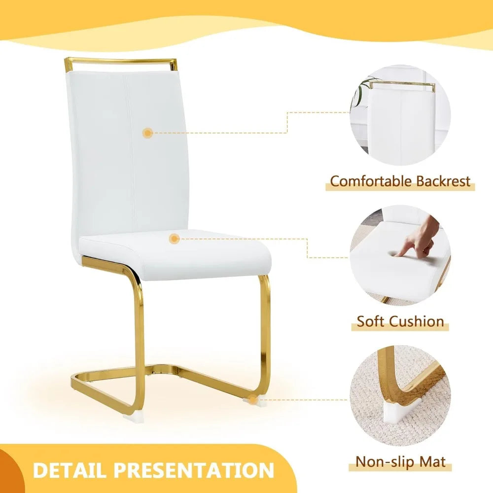 ,71''Gold Dining Room Table &Generous Legroom with 6 White Leather