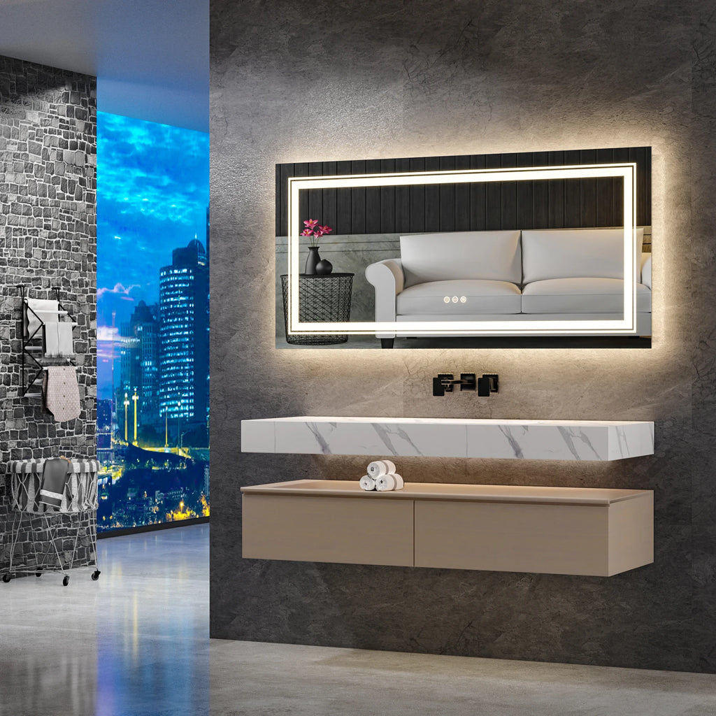 Extra Large Rectangle LED Vanity Dimmable Backlit Anti-Fog Memory with Front and Backlight Shatter-Proof