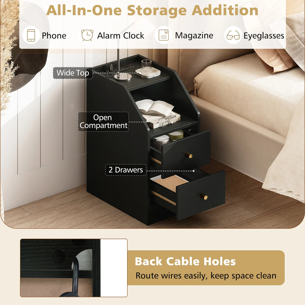 Side Table w/ Charging Station, Storage Drawers, Sofa Couch Table for Small Space