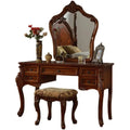 European Vintage Brown Makeup Table with 5 Drawers and Mirror, Fabric Upholstered Stool