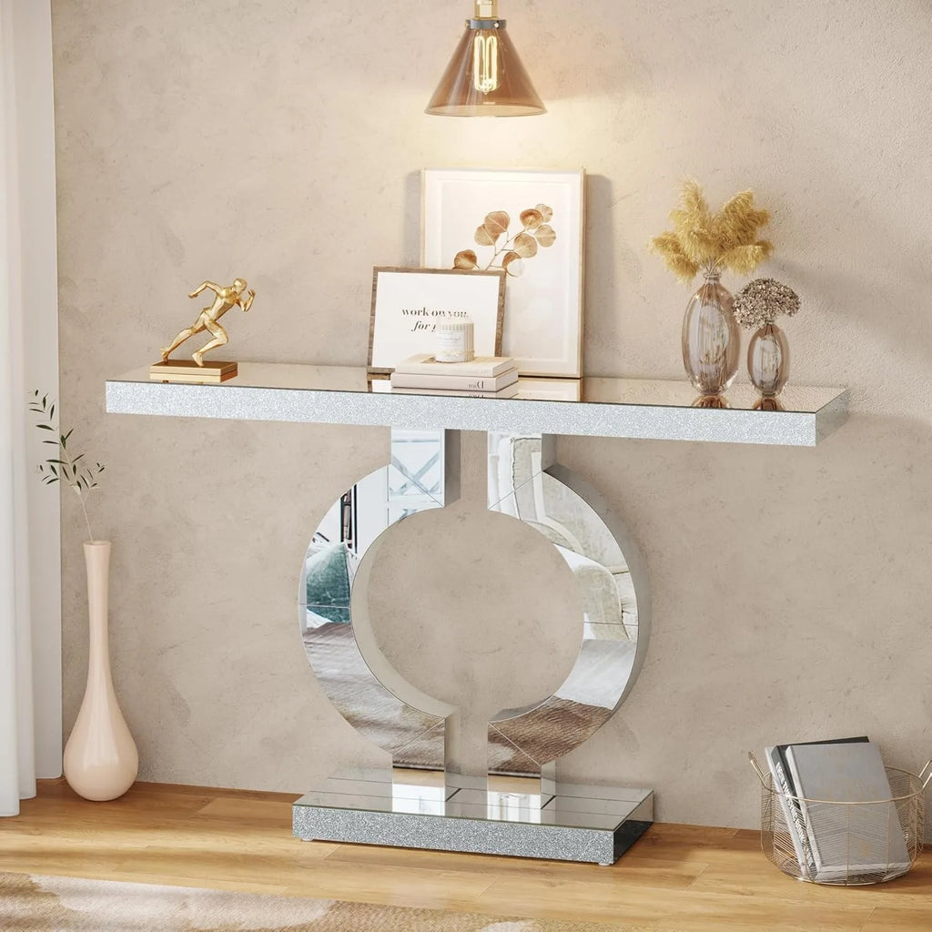 Mirrored Console Table with O-Shaped Base, Entryway Table Glass Sofa Table with Mirror Finish,