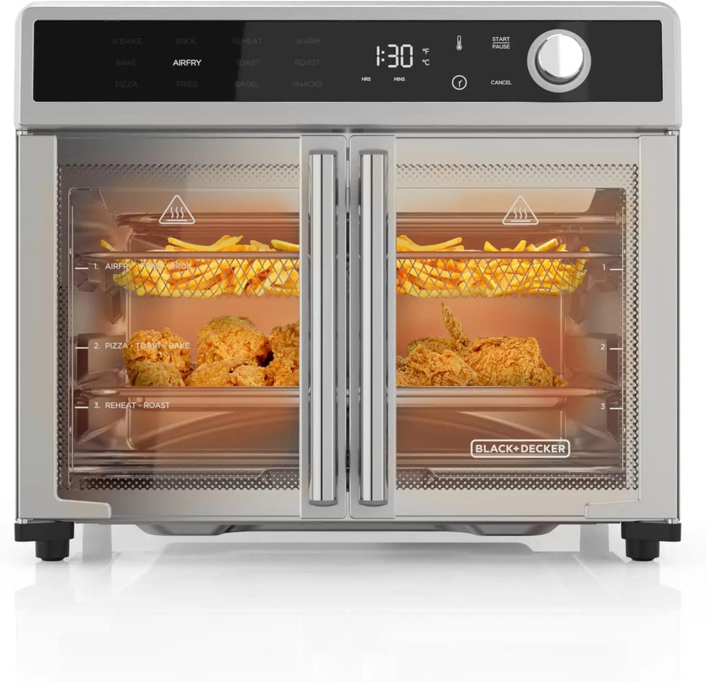 12-in-1 Air Fryer Toaster Oven, Fast Convection Cooking, Fits Whole Pizza, Stainless Steel French Doors