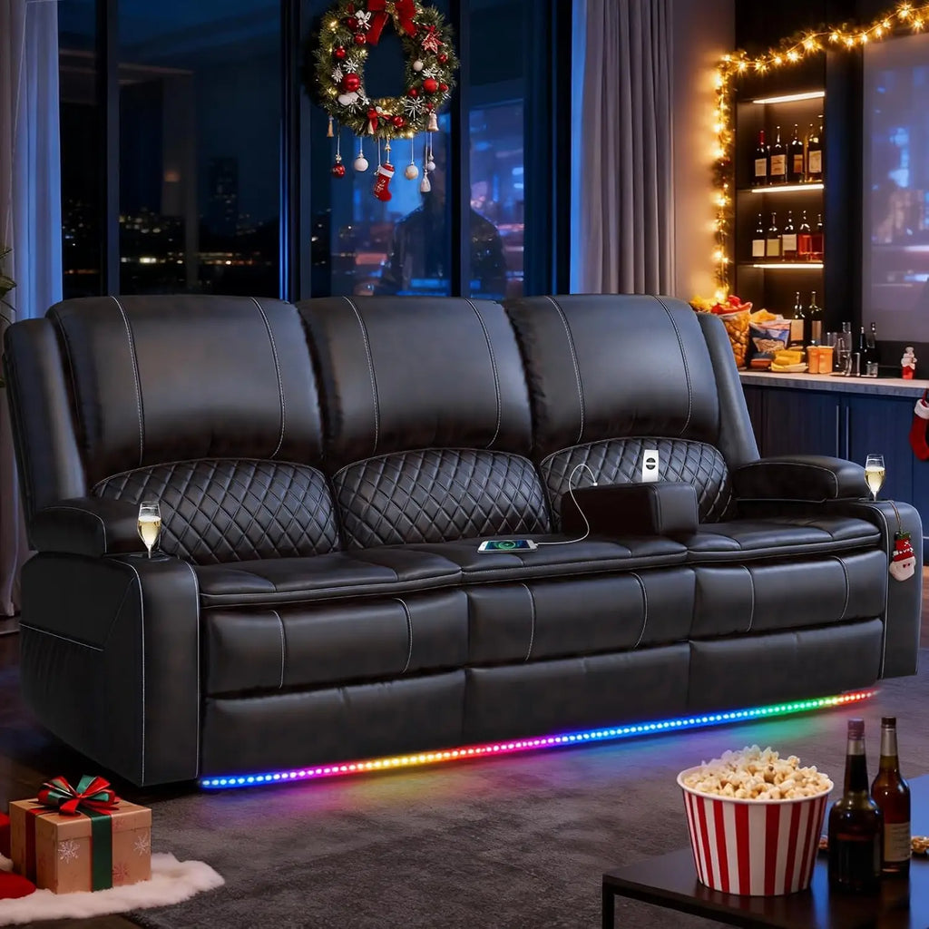 3 Seat Recliner Sofa with Console, Armrest, PU Leather, Cup Holders, USB Ports,