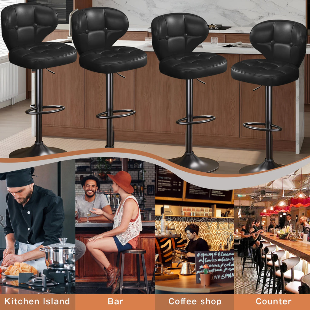 Bar Stools Set of 4, Adjustable Swivel Counter Height Chairs with Backrest and Footrest, Faux Leather Bar Chairs for Kitchen