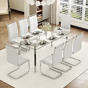 ,71''Gold Dining Room Table &Generous Legroom with 6 White Leather