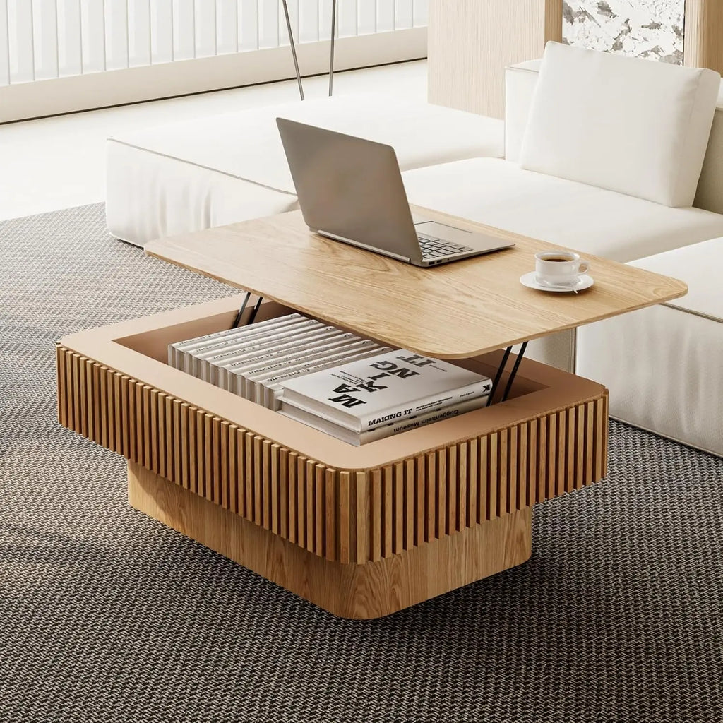 38.6" Lift Top Coffee Table with Storage, Fluted Coffee Table with Solid Wood Veneered, Mid Century Modern Wooden, Customized