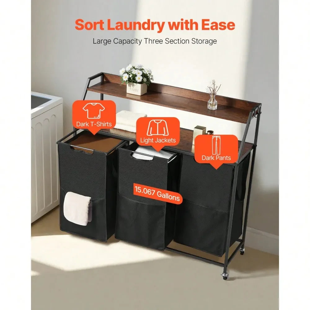 Tall Laundry Hamper With Metal Frame And Wooden Tabletop