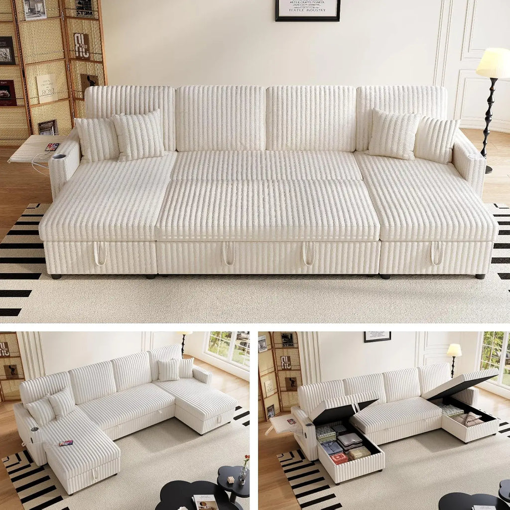 U Shaped Sleeper Sectional Sofa Pull Out Bed Double Storage Chaise USB Small Desktop Living Room 110in Black Customized