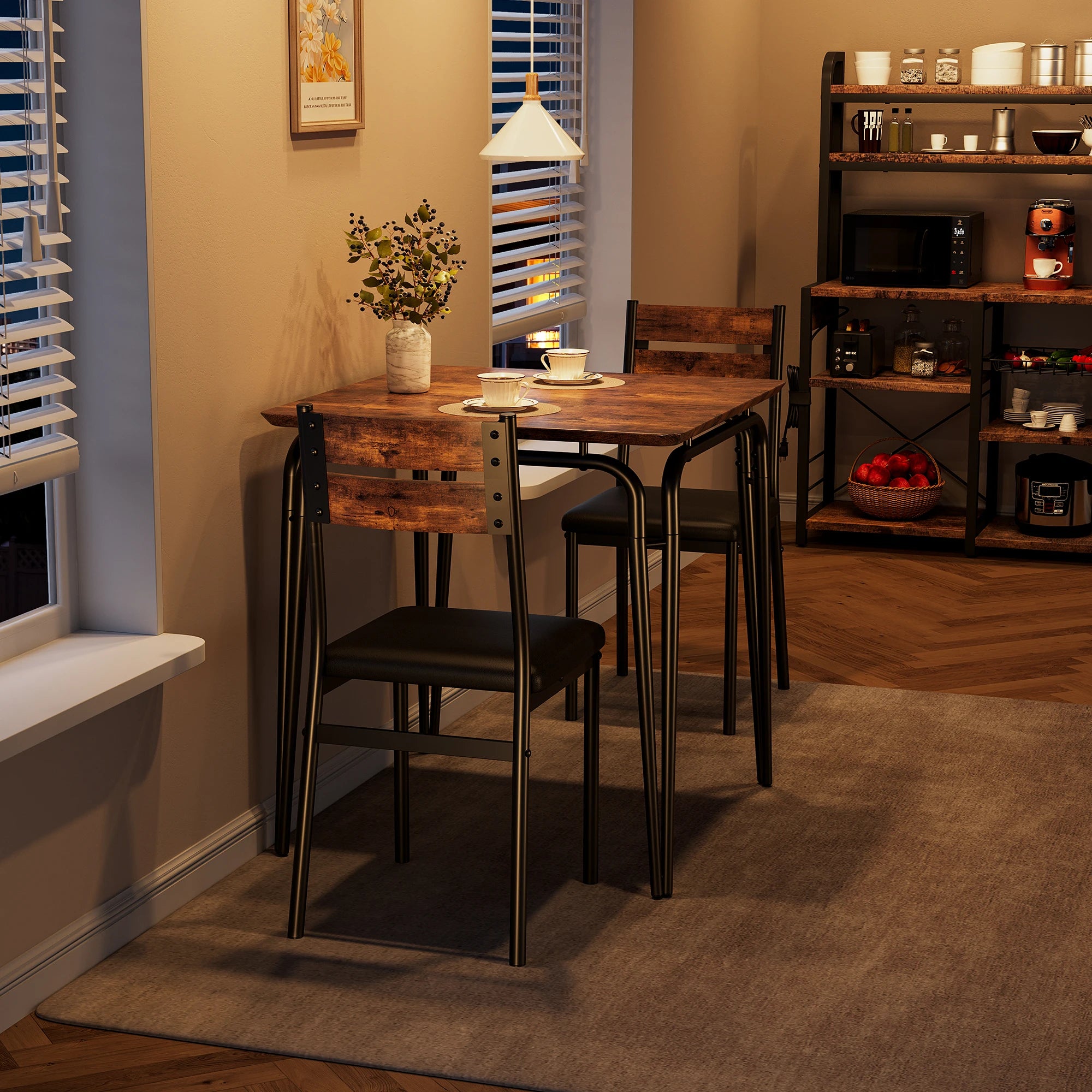 Dining Table Set for 2, Wooden Kitchen Table and 2 Upholstered Chairs,