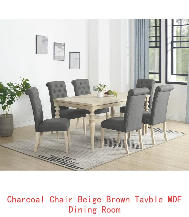 7-Piece Dining Set with Turned-Leg Table and 6 Tufted Chairs