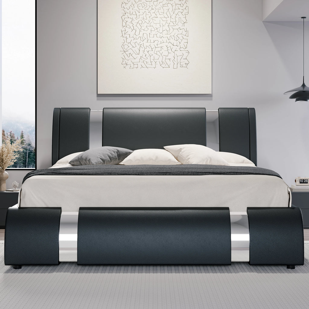 Modern Faux Leather Bed Frame with Iron Pieces Decor, with Height-Adjustable Headboard