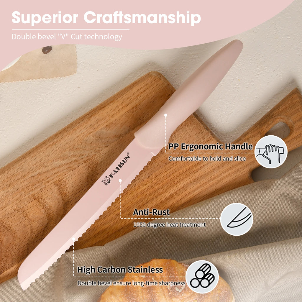 14 Pieces Pink Kitchen Knife Color Block Set, Titanium Coated Carbon Steel