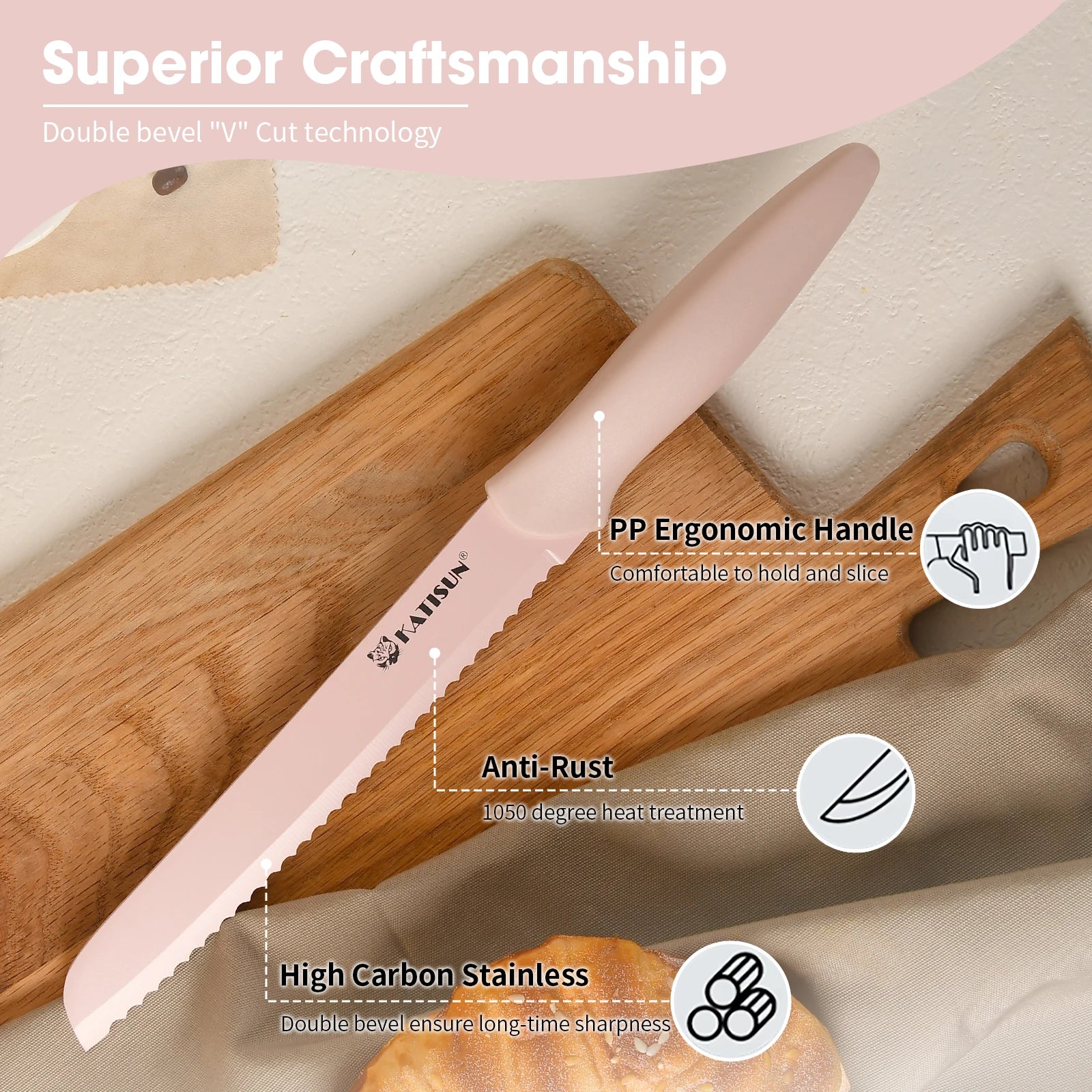 14 Pieces Pink Kitchen Knife Color Block Set, Titanium Coated Carbon Steel