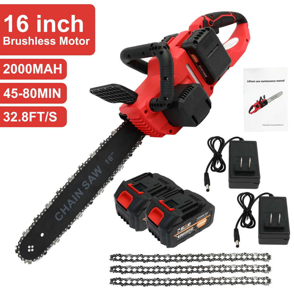 Cordless 42V 1350W Brushless Two Batteries 3 Chains 2 Chargers for Chainsaw