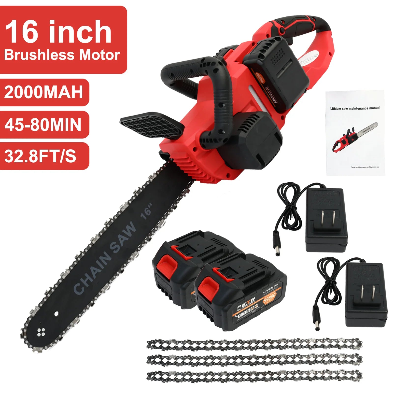 Cordless 42V 1350W Brushless Two Batteries 3 Chains 2 Chargers for Chainsaw