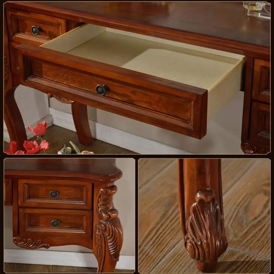 European Vintage Brown Makeup Table with 5 Drawers and Mirror, Fabric Upholstered Stool
