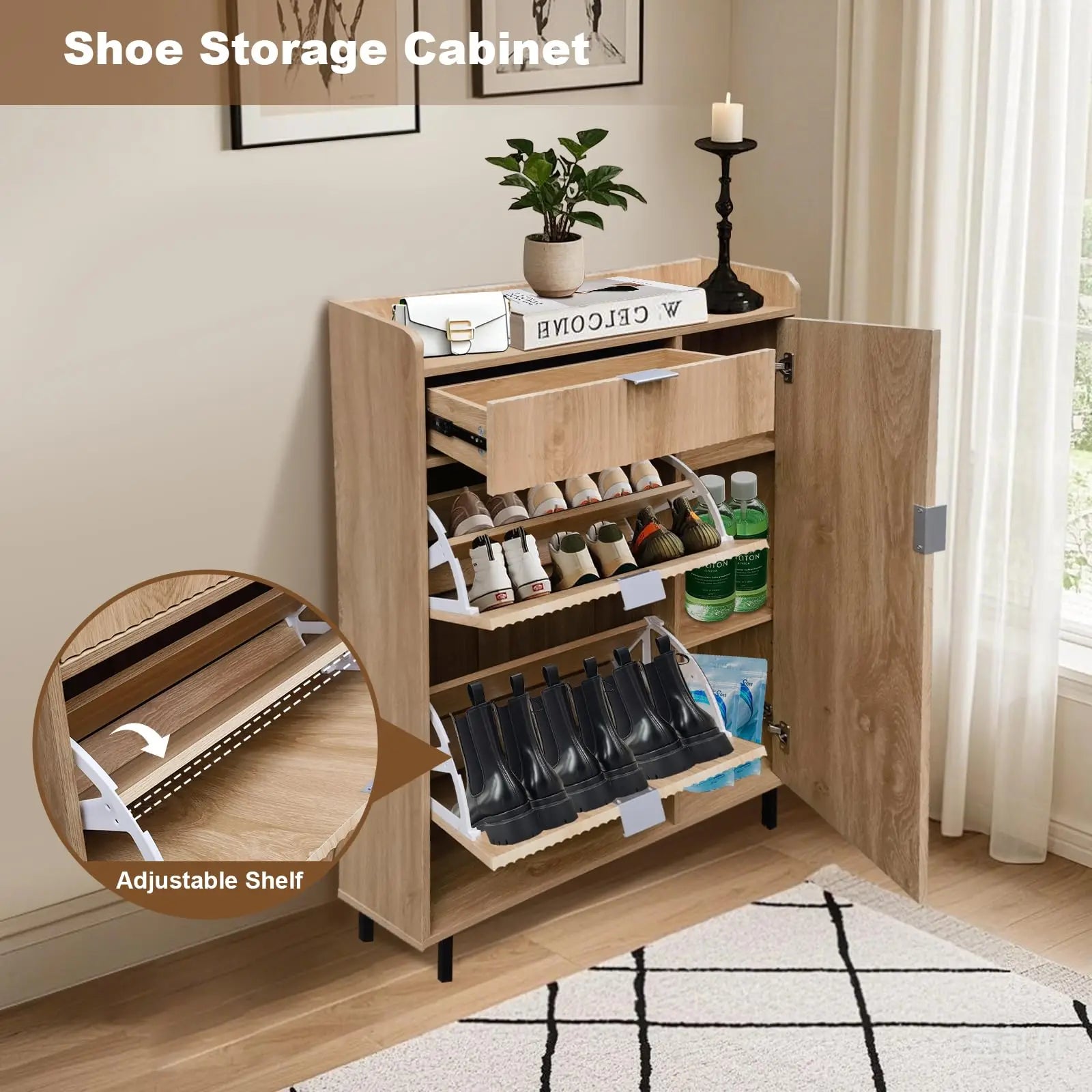 Freestanding Narrow Entryway Shoe Organizer With Adjustable Shelves,