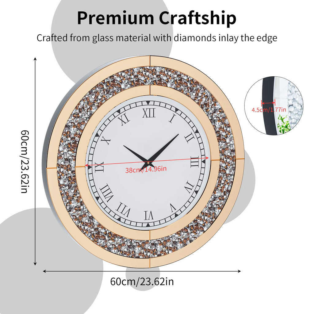 Silver,Tawny Tinted Round Mirror ,24inch Crush Diamond Large Mirrored Wall Clock