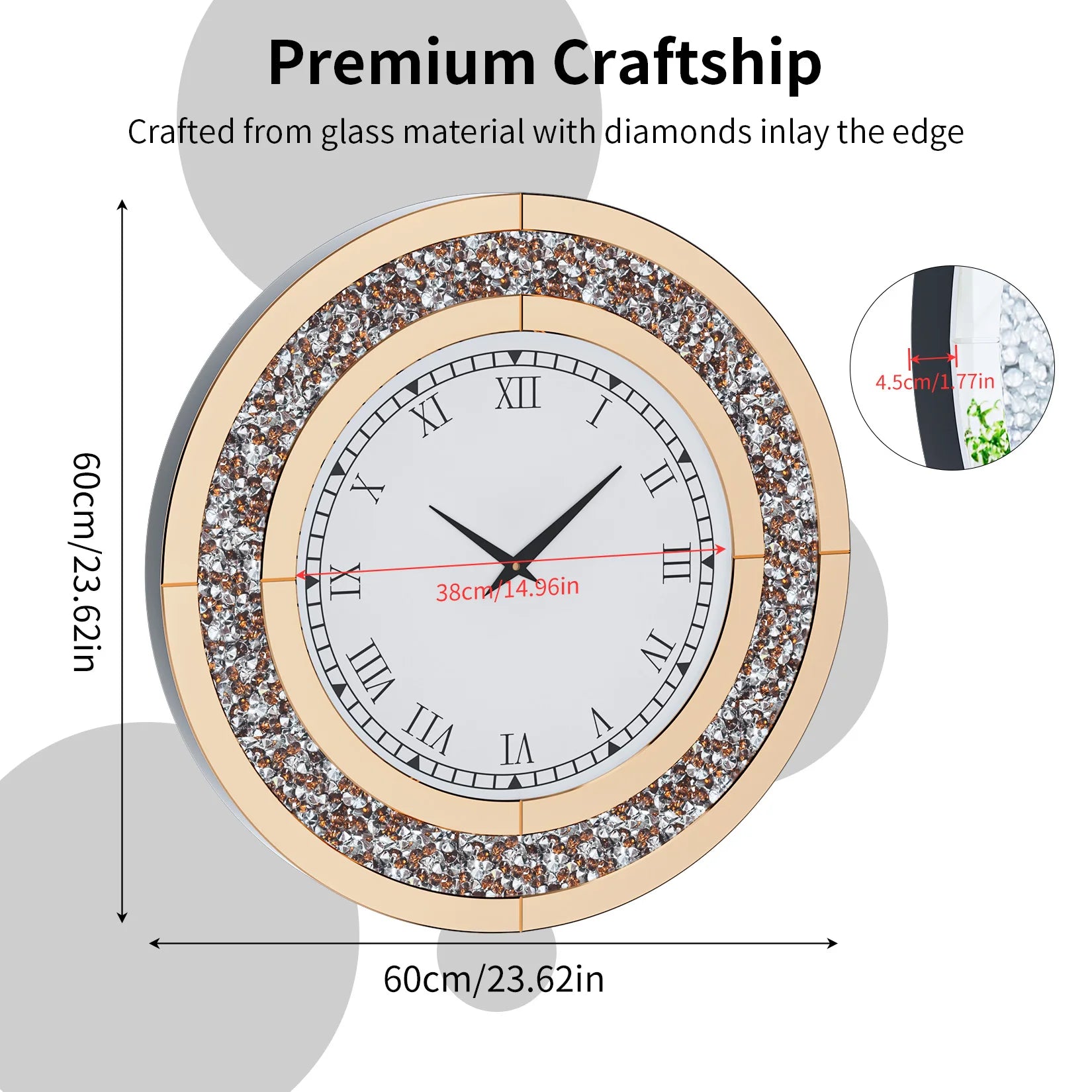 Silver,Tawny Tinted Round Mirror ,24inch Crush Diamond Large Mirrored Wall Clock